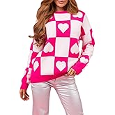 Heart Print Sweater for Women Valentine's Day Long Sleeve Oversized Pullover Sweater Y2K Knit Top