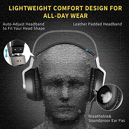 USB Gaming headset, Xiberia K1 Stereo Sound PC Headset, Over-ear Gaming Headphones with Mic with Crystal Clear Sound, Soft Memory Earmuffs, LED Lights & Noise-canceling Microphone for PC & MAC