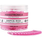 haisstronica 200PCS Heat Shrink Butt Connectors, 22-16 AWG Red | 3:1 adhesive-lined heat shrink, built-in wire stop, single-size pack for automotive, trailer, and stereo wiring