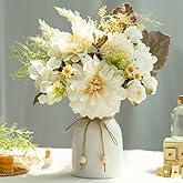 JARELING Fake Flowers with Vase Silk Dahlia Artificial Flowers in Vase Faux Hydrangea Flowers Arrangements with Vase for Home Office Decoration Dining Table Centerpiece (White)