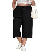 Cheapestbuy Women's Plus Size Capris Wide Leg Crop Casual Pants Comfy Summer Pants with Pockets Drawstring