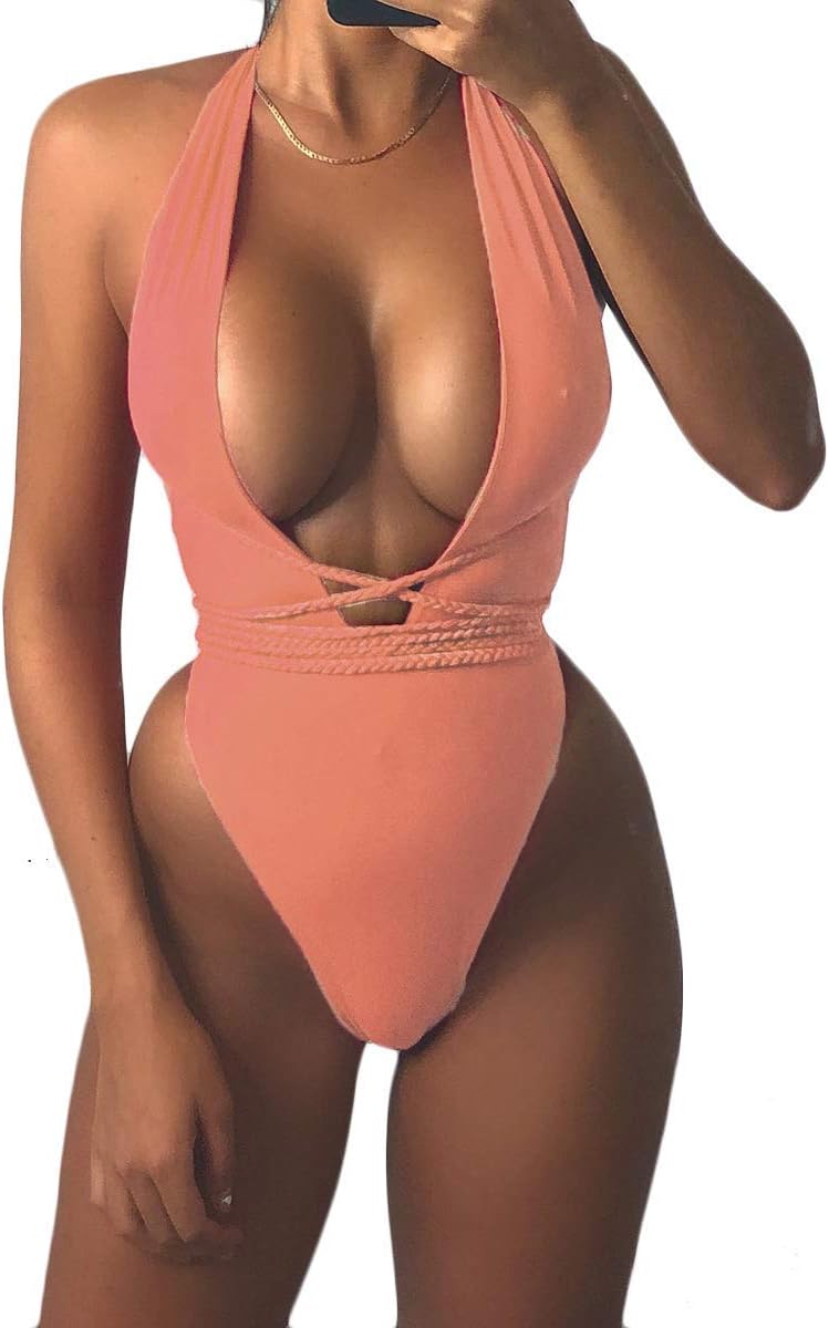 Womens Sexy Deep V Neck High Waist Multi-Way Bandage One Piece Swimsuits Swimwear