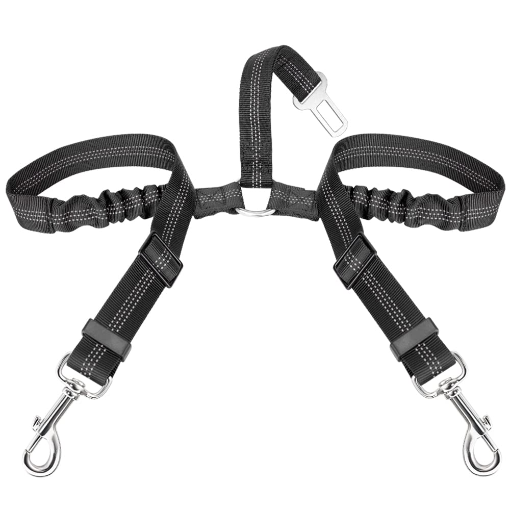 Lukovee Double Car Seatbelt, Reflective dog seat belts for cars Adjustable Elastic Anti-Shock Bungee Buffer 2 Dogs Car Harness Seatbelts Coupler, Puppy Cars Restraint Safety Travel Belts Splitter
