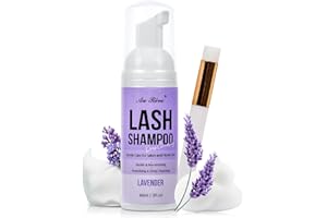 AUREVE Lash Shampoo for Lash Extensions 60 Ml/2fl.oz Eyelash Extension Cleanser Oil Free Lash Cleanser for Eyelash Care, Gentle Foaming Eyelash Shampoo with Brush for Salon Home Care (Lavender 60ml)