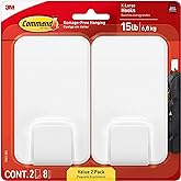 Command 15 Lb XL Heavyweight Wall Hook, Damage Free Hanging Wall Hook with Adhesive Strips, Heavy Duty Single Wall Hook for Hanging Back to School Organizers, 2 White Hooks and 8 Strips