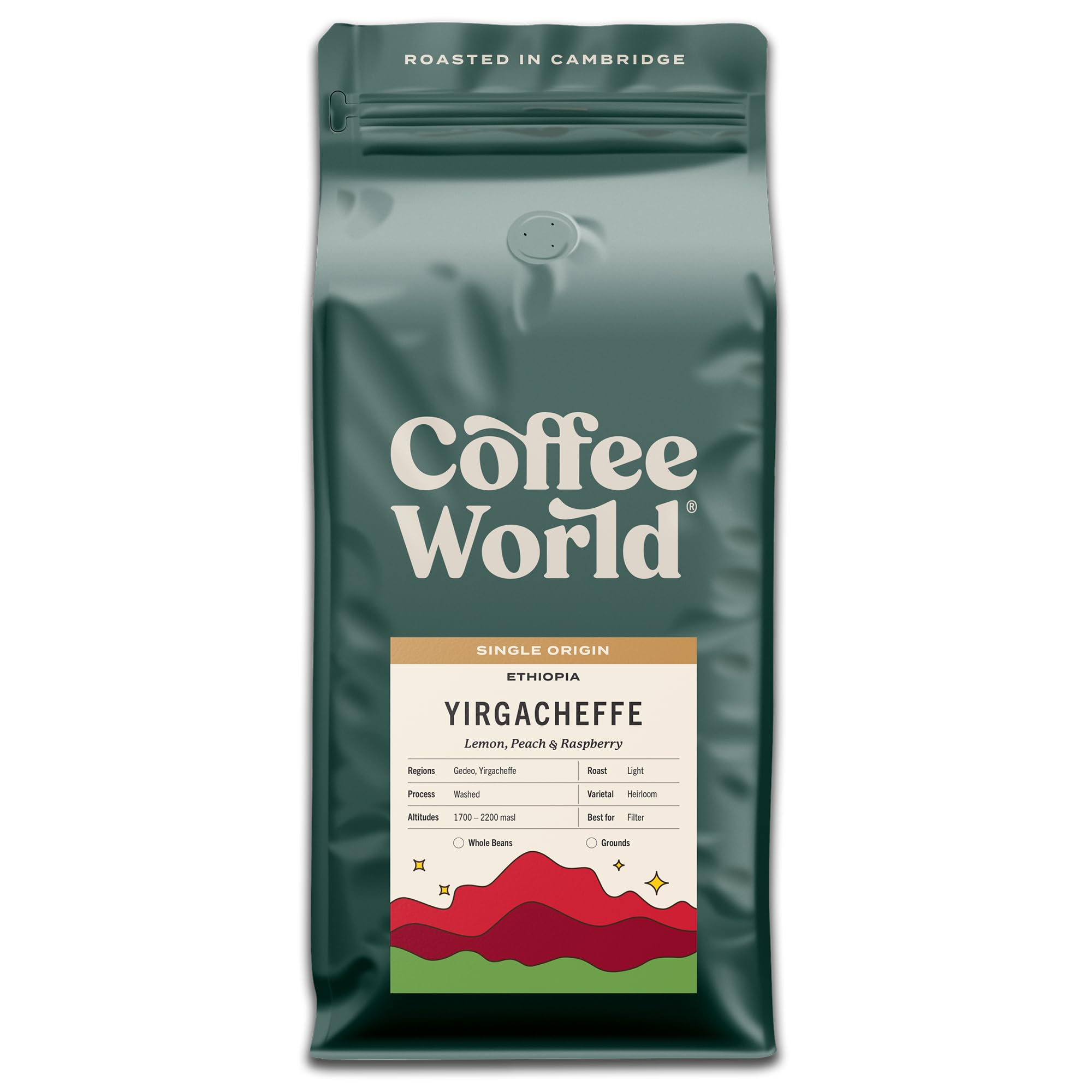 Coffee World, Ethiopia Yirgacheffe Single Origin, Roasted in Cambridge, Whole Coffee Beans, Retail Bag (1kg)