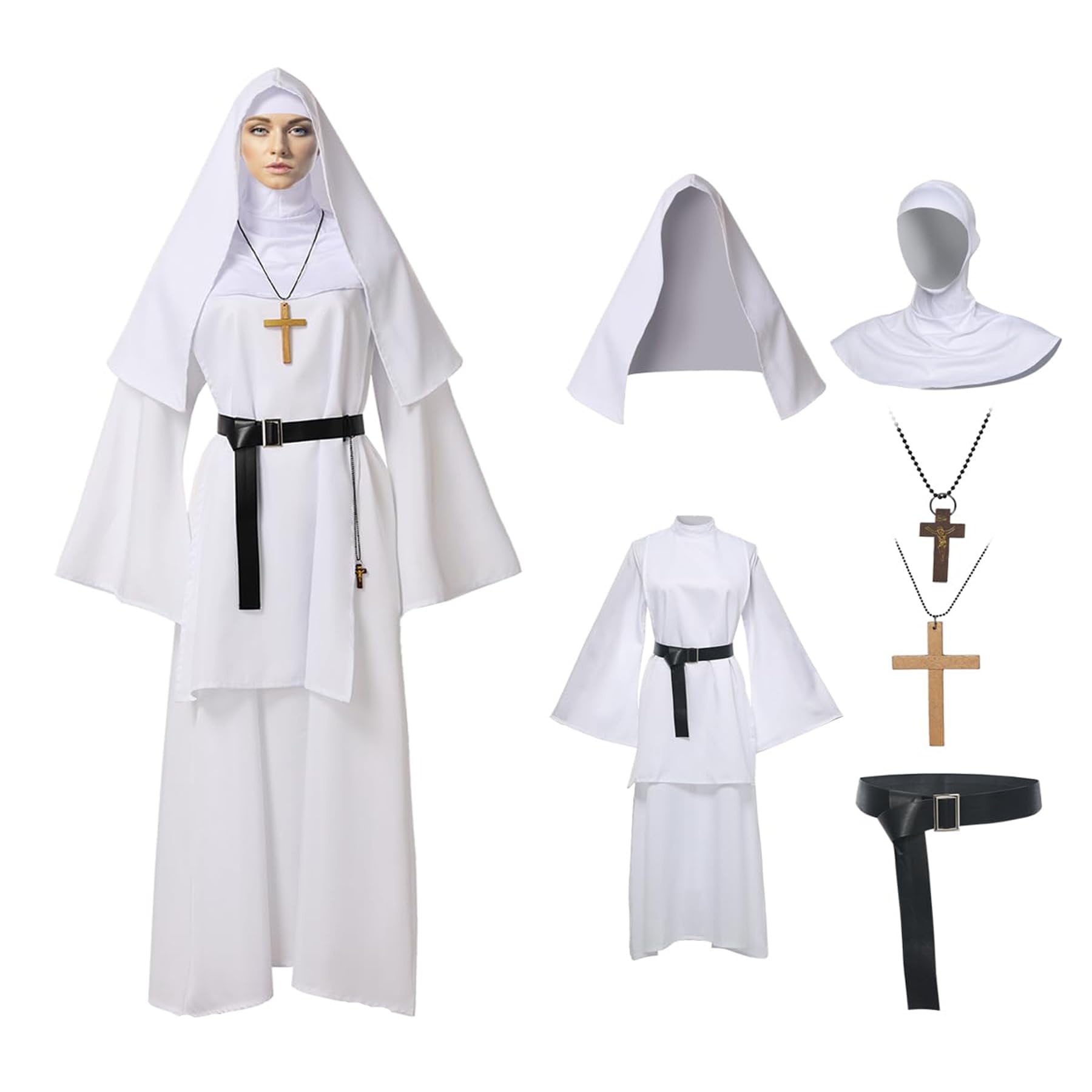 BPURB Nuns Costume for Women Adults Deluxe Line Nuns Costumes Halloween Cosplay Sister Act Clothing Accessories for Theme Party Carnival (Dress, Belt, Headpiece, Cross) (White, M)