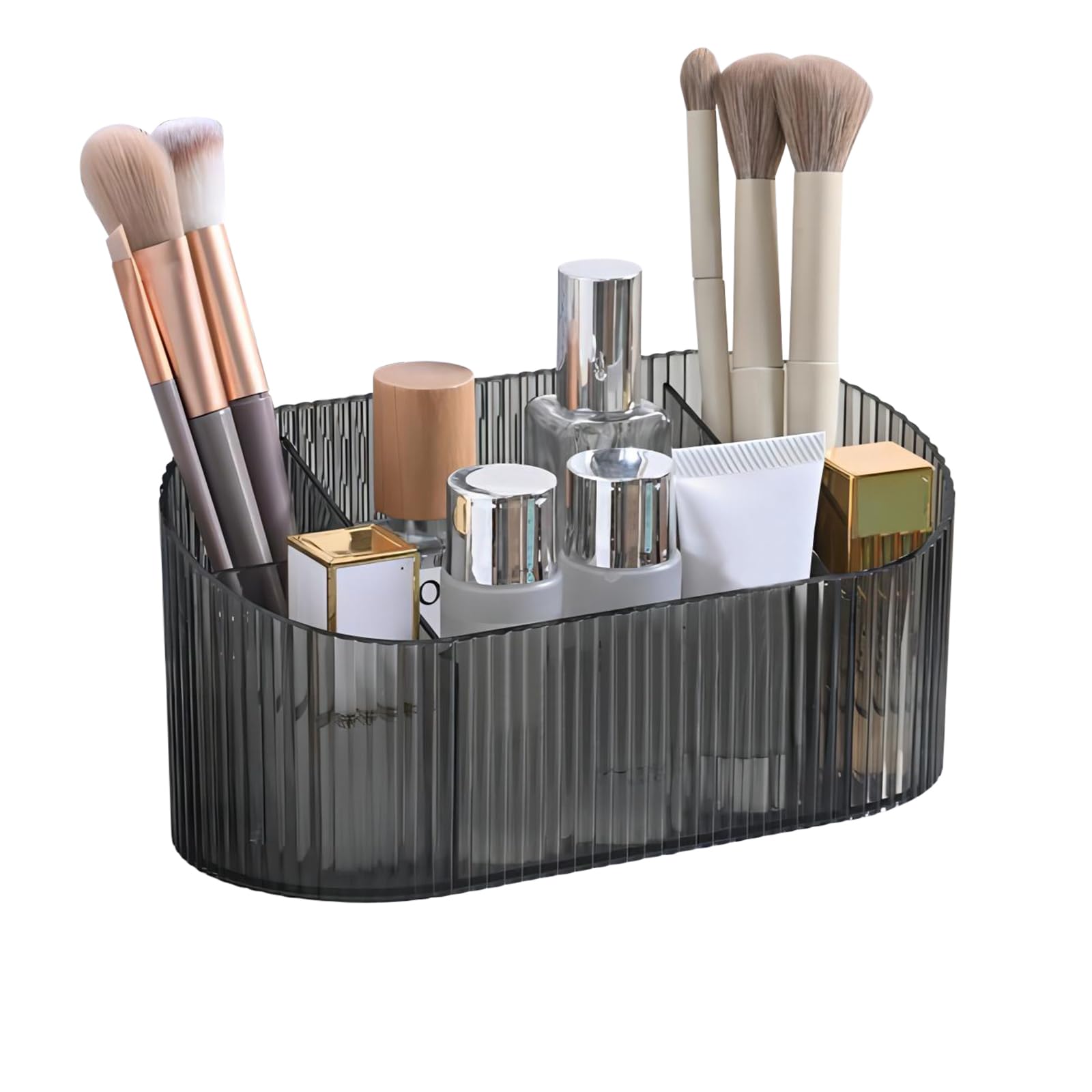 DASITON Makeup Organiser, 5 Slots Makeup Brush Holder Storage Cup, Vintage Striped Make Up Brush Holder Cosmetic and Skincare Organiser for Dressing Table, Vanity, Bathroom, Desktop (Grey)