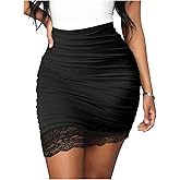Milumia Women's Lace Trim Ruched Bodycon Mini Skirt Going Out Sexy Pencil Skirts