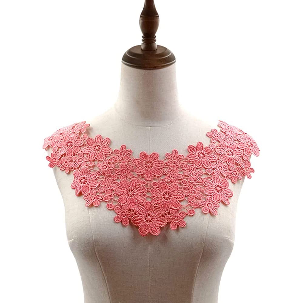 Embroidered Flower Lace Collar Appliqué, Embroidery Lace Trim Crochet Lace Patch Lace Motif Applique Patches Tipped Collar for Sewing Craft Costume Wedding Dress Wedding Dress Decoration Dark Pink