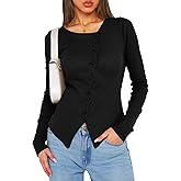 Cicy Bell Womens Long Sleeve Asymmetrical Tops Button Down Ribbed Fitted Cropped Shirts Trendy Fall Blouses