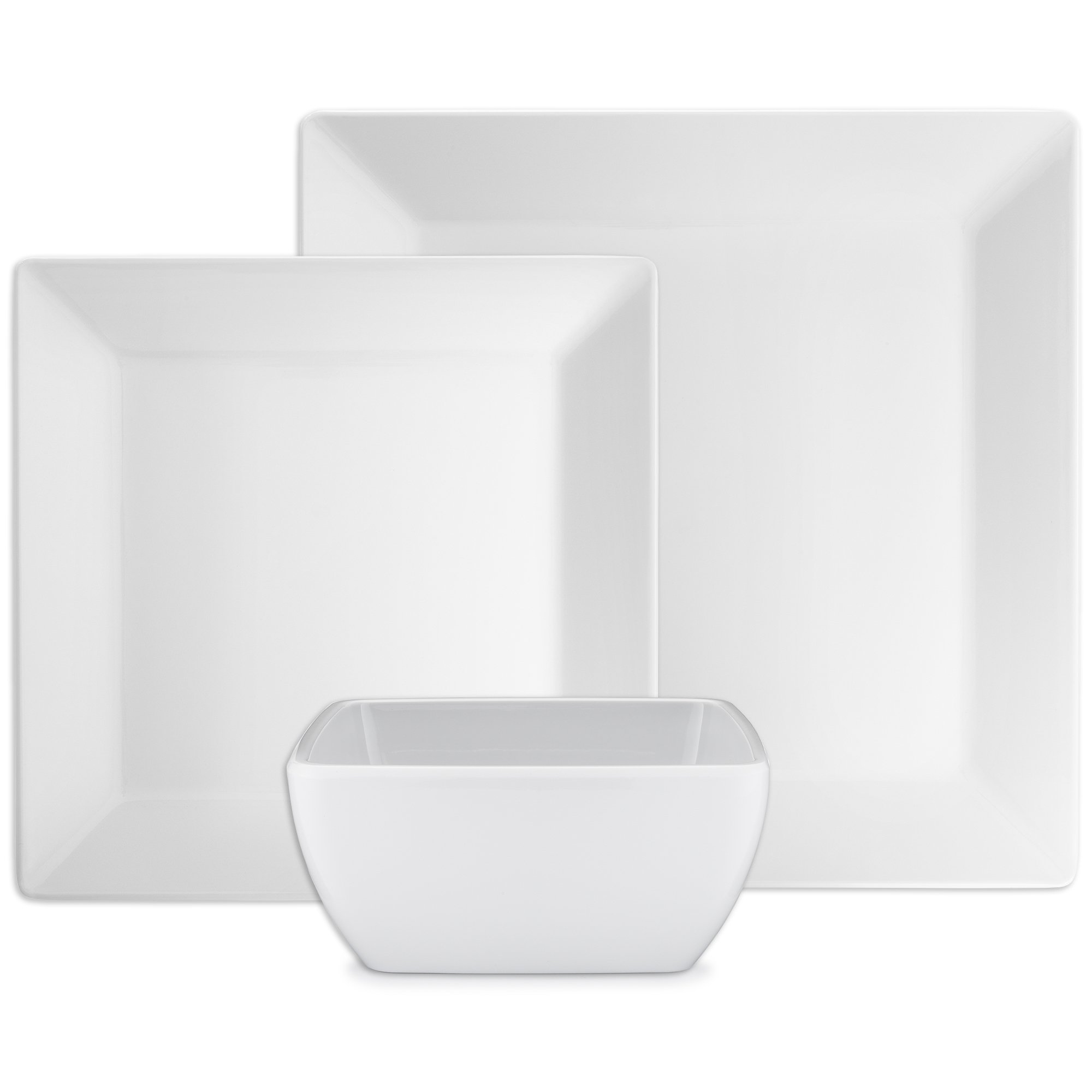 Q Squared Diamond White Collection Square 12-Piece Professional Grade, BPA-Free, Shatterproof, Melamine Dinnerware Set, Many Collection Options