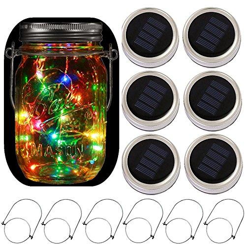 6-Pack Solar-Powered Mason Jar Lights 20 LEDs(6 Hanger Included/No Jar),5 Colors Twinkle Jar Waterproof Hanging Lantern,Outdoor Garden String Lighting Lids for Regular Mouth Jars for Christmas Patio