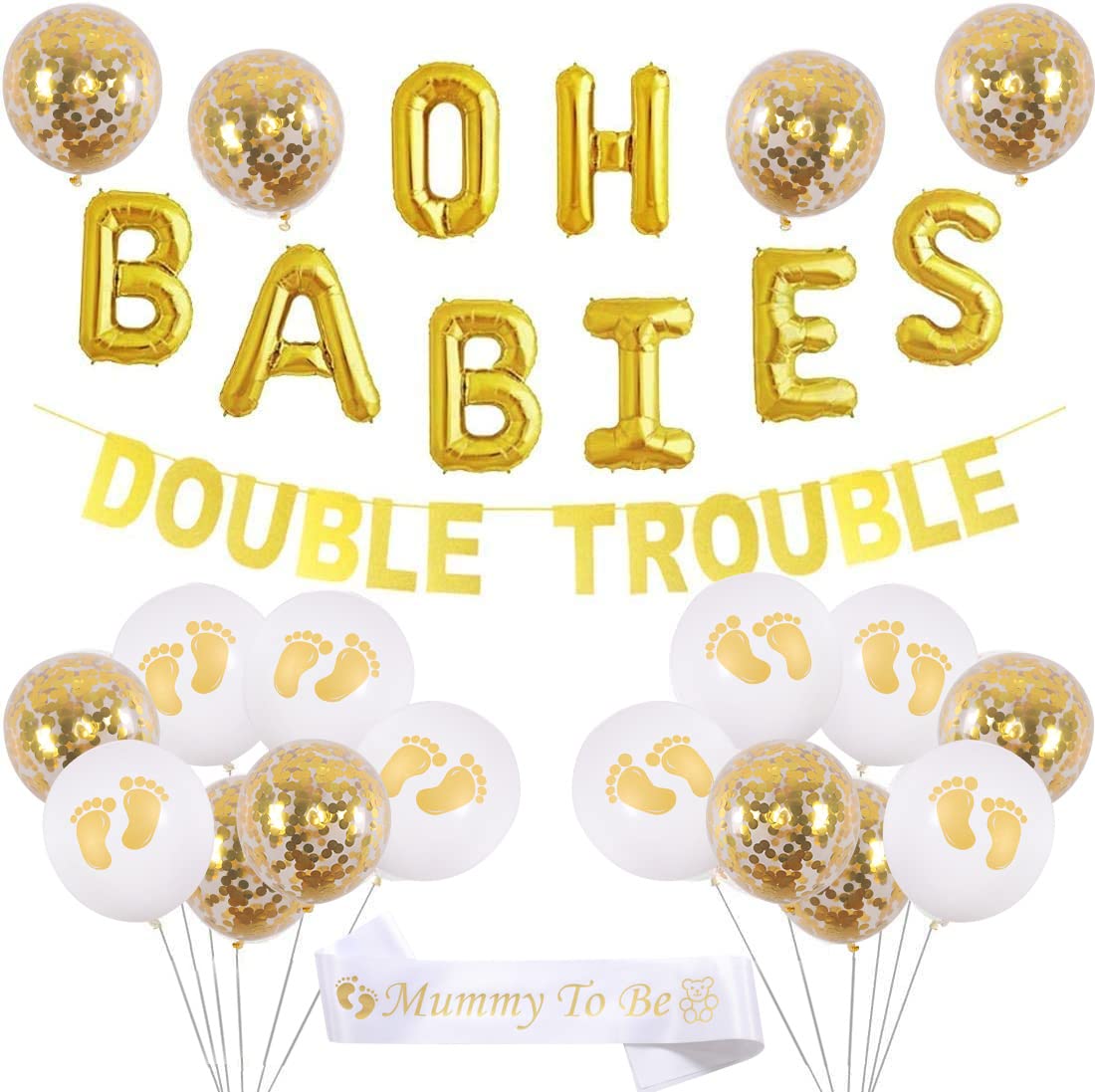 JOYMEMO Twins Baby Shower Decorations Set Gold, Double Trouble Banner Glitter, OH BABIES Confetti Balloons, Sash for Babies Gender Reveal Party Supplies