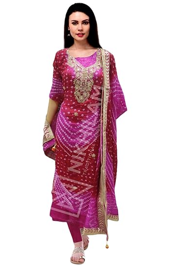 NIKHILAM Womens Silk Bandhej Suit Dress Material