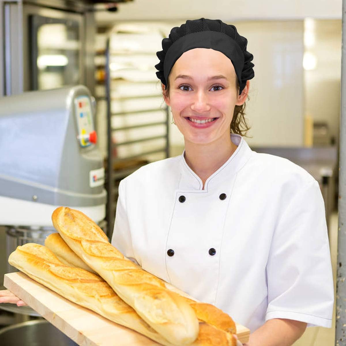 4 Pack Chef Hat Kitchen Cooking Chef Cap Adjustable Food Service Hair Nets Reusable Washable Mesh Bouffant Beanie (One Size, 4 Pack-Drawstring Black): Clothing