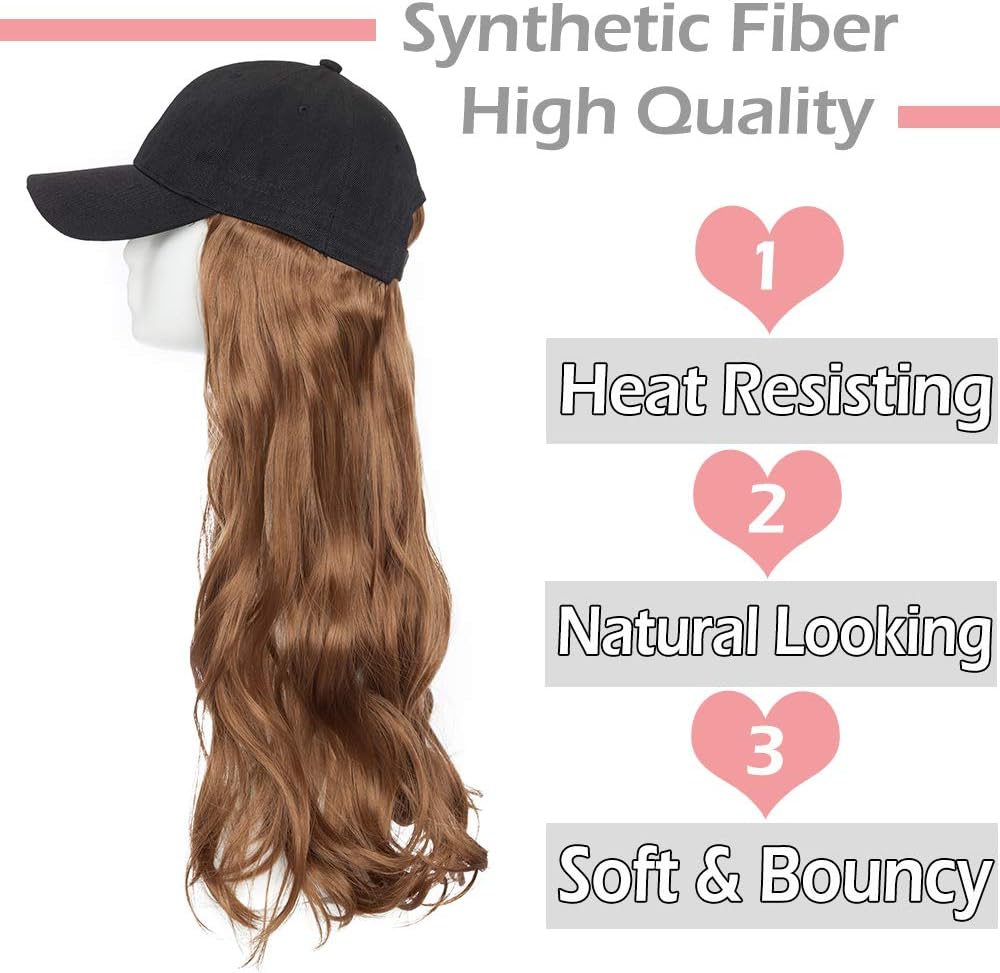 Black Baseball Hat with Hair Attached Wigs Curly Body Wave Synthetic Hairpiece Cap Hair Extensions for Women (16", Light Brown) - Image 3