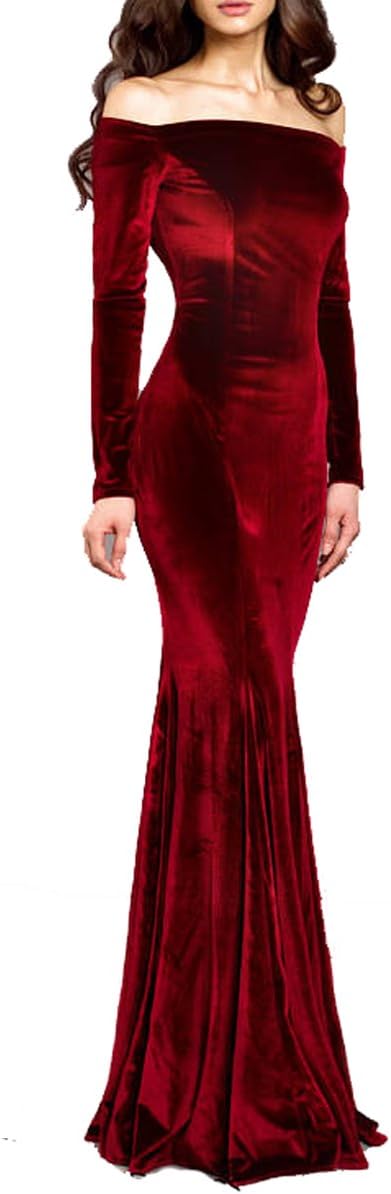TTYBridalOff The Shoulder Velvet Mermaid Evening Gown Long Prom Party Dresses with Two Sleeves