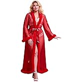 comeondear Women Lace Gown Kimono Robe with Fur Sexy Cover Up Chemise Bride Bathrobe Sleepwear
