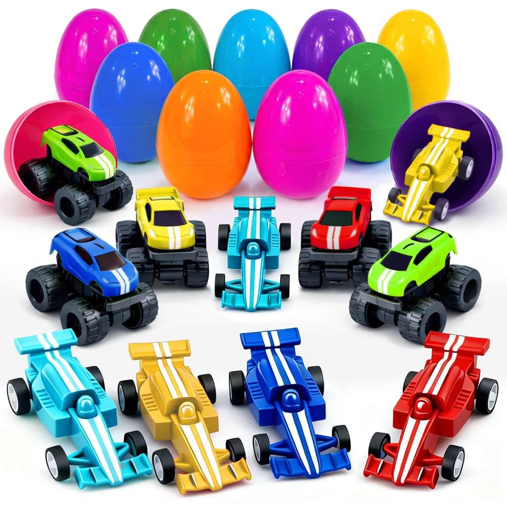Stargo 16 Pack 3.2" Colorful Prefilled Easter Eggs bulk with Racing Mini Car Vehicles - Pull Back Cars | Plastic Easter Eggs Large for Easter Basket stuffers, Easter Gifts Party Favors Boy Goodie Bags
