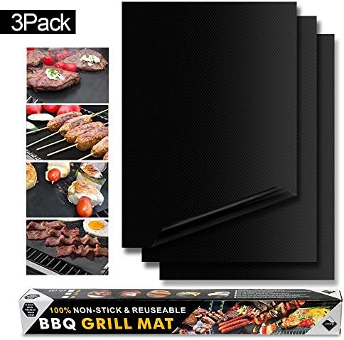 Grill Mat,ESCNE Set of 3 Non Stick BBQ Grill Mats - Heavy Duty, Reusable, and Easy to Clean-Works on Gas , Charcoal , Electric Grill and More -Black