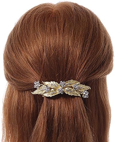 Bright Gold Tone Matt Diamante Leaves & Flowers Barrette Hair Clip Grip - 95mm Across, white / ivory, gold - Image 4