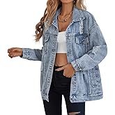 Oversize Denim Jacket for Women Ripped Jean Jacket Boyfriend Long Sleeve Trucker Coat