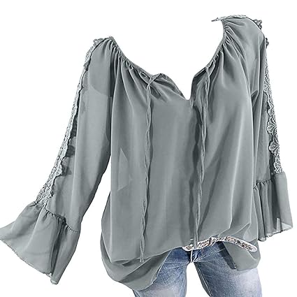 TOPSELD Top Damen, Frauen Weg Schulter Verband Spitze Chiffon Lange ÄRmel Plus Size Leicht Tops Bluse