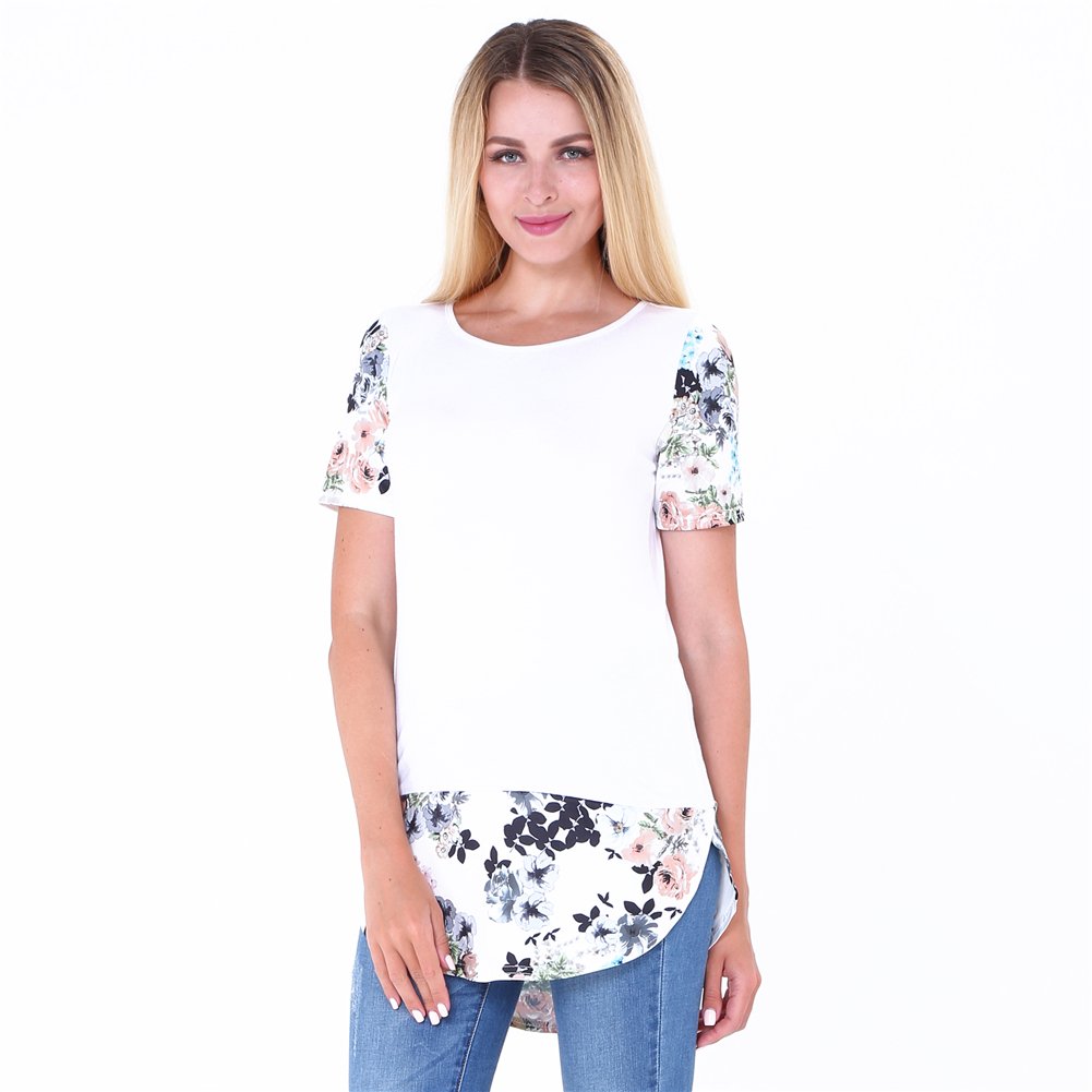 Floral Print White Short Sleeve T Shirt Loose Blouse Casual Tunic Tops Plus Size XL