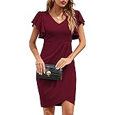 IHOT Women's V Neck Ruffle Sleeve Bodycon Sheath Wrap Ruched Casual Cocktail Party Work Dresses
