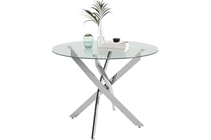 GOLDFAN Round Glass Dining Table,35.5" Modern Kitchen Table with Chromed Legs Home Furniture for Kitchen Dining Room