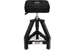 FreekyFit Adjustable Shop Stool,Garage Mechanic Stool Chair,Work Seat for Workshop, Adjustable Height, 360° Swivel Padded Square Seat,Tool Storage, 350 LBS Capacity, Heavy Duty, Black