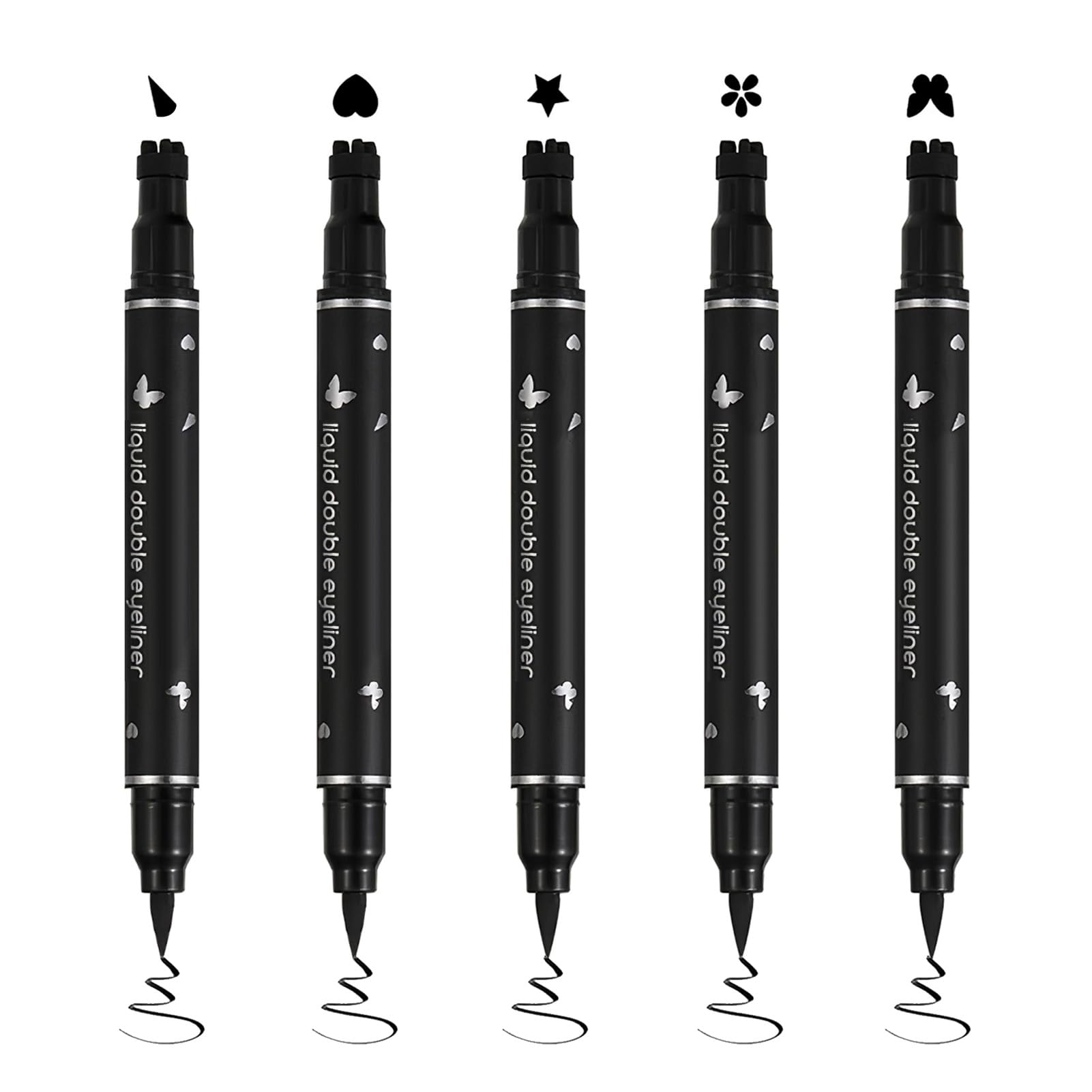gaubss 5PCS Double-headed Black Liquid Eyeliner Stamp, Waterproof, Perfect for Beginners and Eye Make-Up Lovers (Triangle, Heart, Star, Flower, Butterfly)