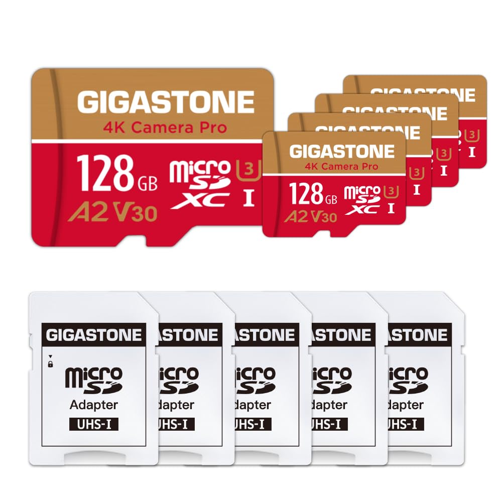 [5 Years Free Data Recovery] Gigastone Memory Card 128GB Pack of 5 Cards, 4K Pro Camera, Compatible with GoPro Switch, Speed 100MB/s. A2 U3 V30 Micro SDXC Card with SD Adapter.