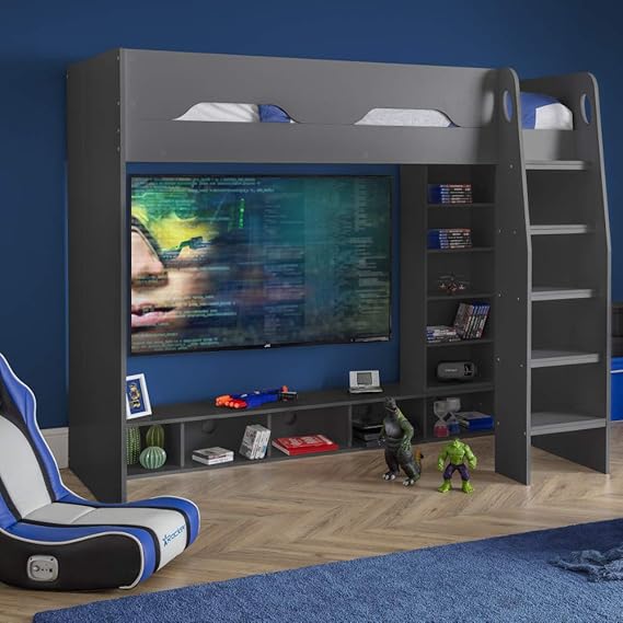 Wooden Gaming Bed, Happy Beds Galaxy Grey Wooden Gaming High Sleeper
