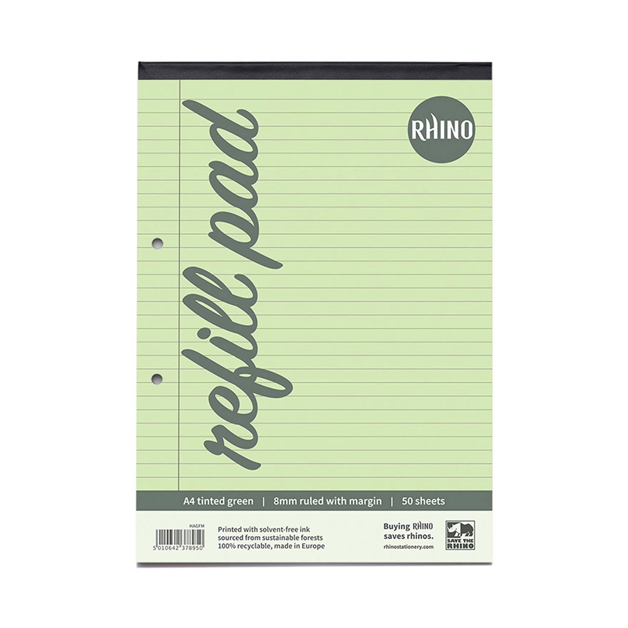 RHINO A4 Refill Pad, Writing Pad, 100-Page / 8mm Lined with Margin, 1-Pack, Green Lined Writing Paper for Dyslexia & SEN, Office & School Stationery Supplies