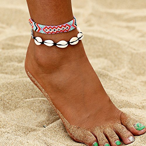 17KM Starfish Turtle Anklets Multi Layered Turquoise Stone Shell Boho Beach Sliver Yogo Charm Anklet for Women (Gï¼šShell A)