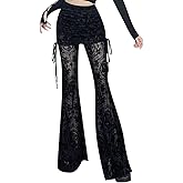 JUMISEE Women’s Flocking Floral Gothic Bell Bottom Pants Sexy Sheer Mesh Tiered Flare Pants Side Drawstring Trousers