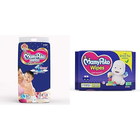 MamyPoko Pants Extra Absorb Diapers, Large (Pack of 32) & MamyPoko Wipes with Green Tea Essence - Pack of 100 * 2 Wipes with Fragrance (100 * 2 = 200 Wipes)