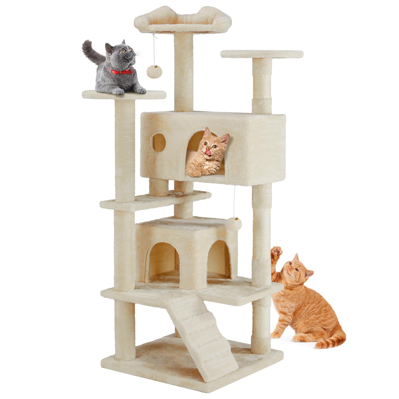 DUMOS 54-inch Indoor Cat Tree Tower –Multi-Level Pet House for Large Cats with 2 Condos, Scratching Posts, Round Platform, Small Ladder, and Toys, Beige Image