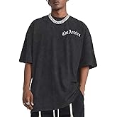 Bobeutou Oversized Vintage Graphic Tees for Men Los Angeles Shirt Acid Wash Tshirt Letter T-Shirt Grunge Crew Neck Tops