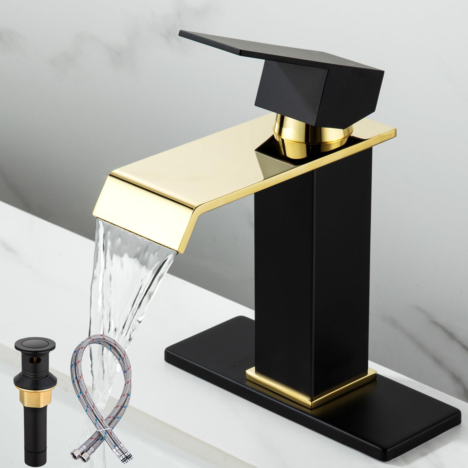 Borlon Black and Gold Bathroom Faucet for 1 or 3 Hole, Waterfall Single Handle Bathroom Sink ...
