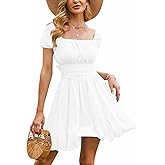 EXLURA Women's 2026 Summer Short Puff Sleeve Casual Short Mini Dresses Tie Back Square Neck A-Line Sundress