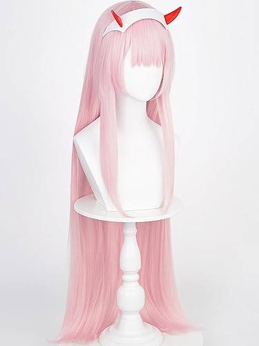 ぉpinkパンちゃん Zero Two 02 Cosplay Wig + Horn Headband, 39'' Long Straight