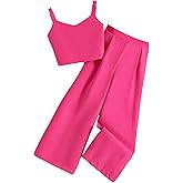 Verdusa Girl's 2 Piece Outfits V Neck Crop Cami Top and Wide Leg Pants Set