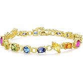 Rainbow Prism CZ Tennis Bracelet for Women, Gold-Tone Brass Mixed-Cut Multicolor Stones, Adjustable Link Chain, Dainty Stackable Colorful Gift for Her
