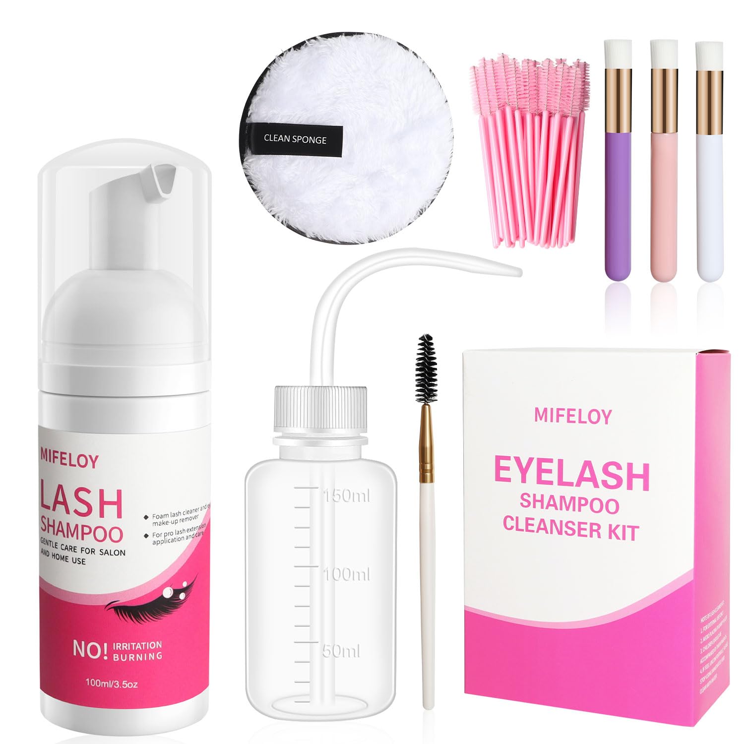 Eyelash Shampoo Cleanser Set, Eye Lash Extension Clean Mousse, Reusable Rinse Wash Bottle, Mascara Brush, Cleansing Brushes, Makeup Remover Pad, Disposable Microbrushes, Women Beginner Home Salon Use