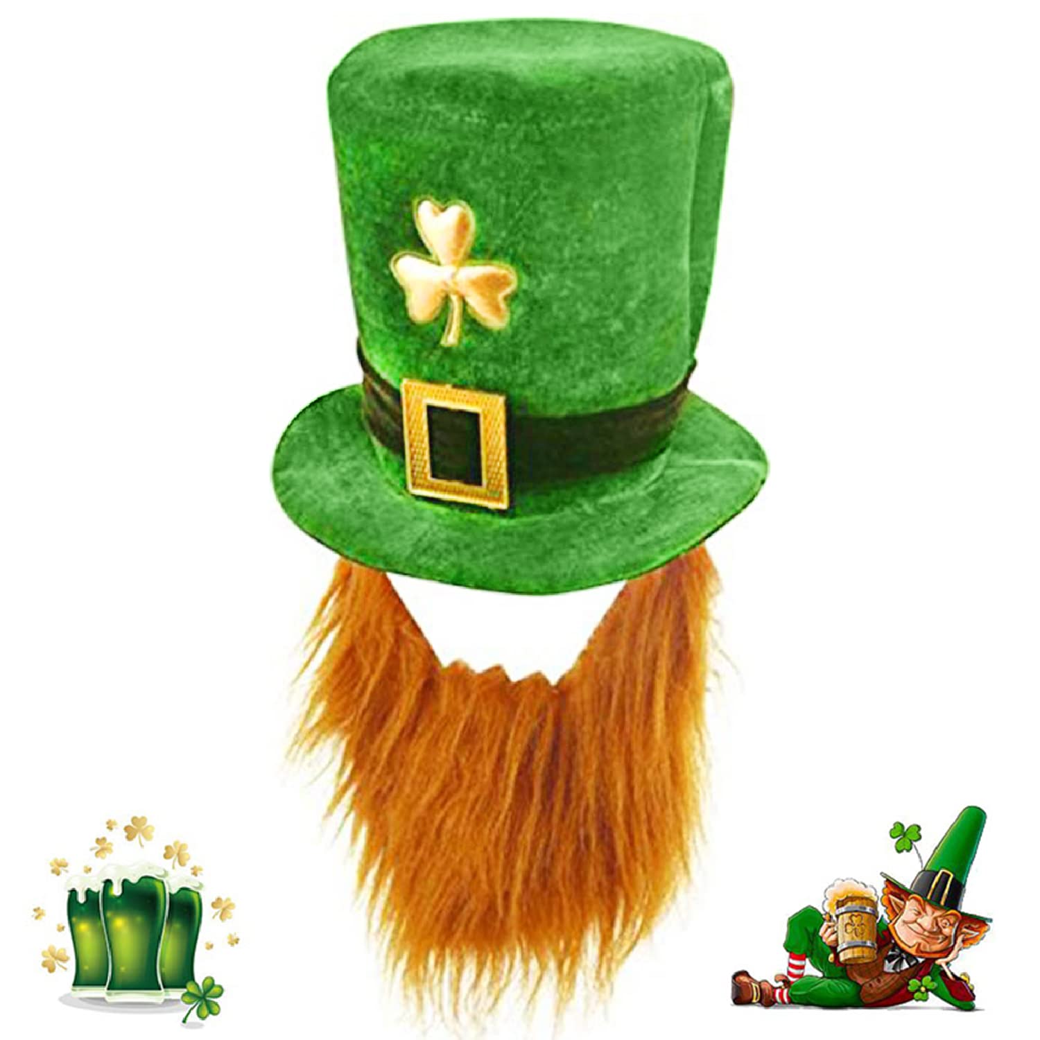 St. Patrick's Day Hat with Beard,St. Patrick Costume Dark Green Shamrock Velvet Hats for Party Costume Irish Festival Supplie Favors Accessory for Men & Women (Style 1)