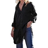 Runcati Womens Button Down Shirts Linen Cotton Long Sleeve Blouse Tunic Tops Cover Up Shirt Loose Beach Bikini Dress