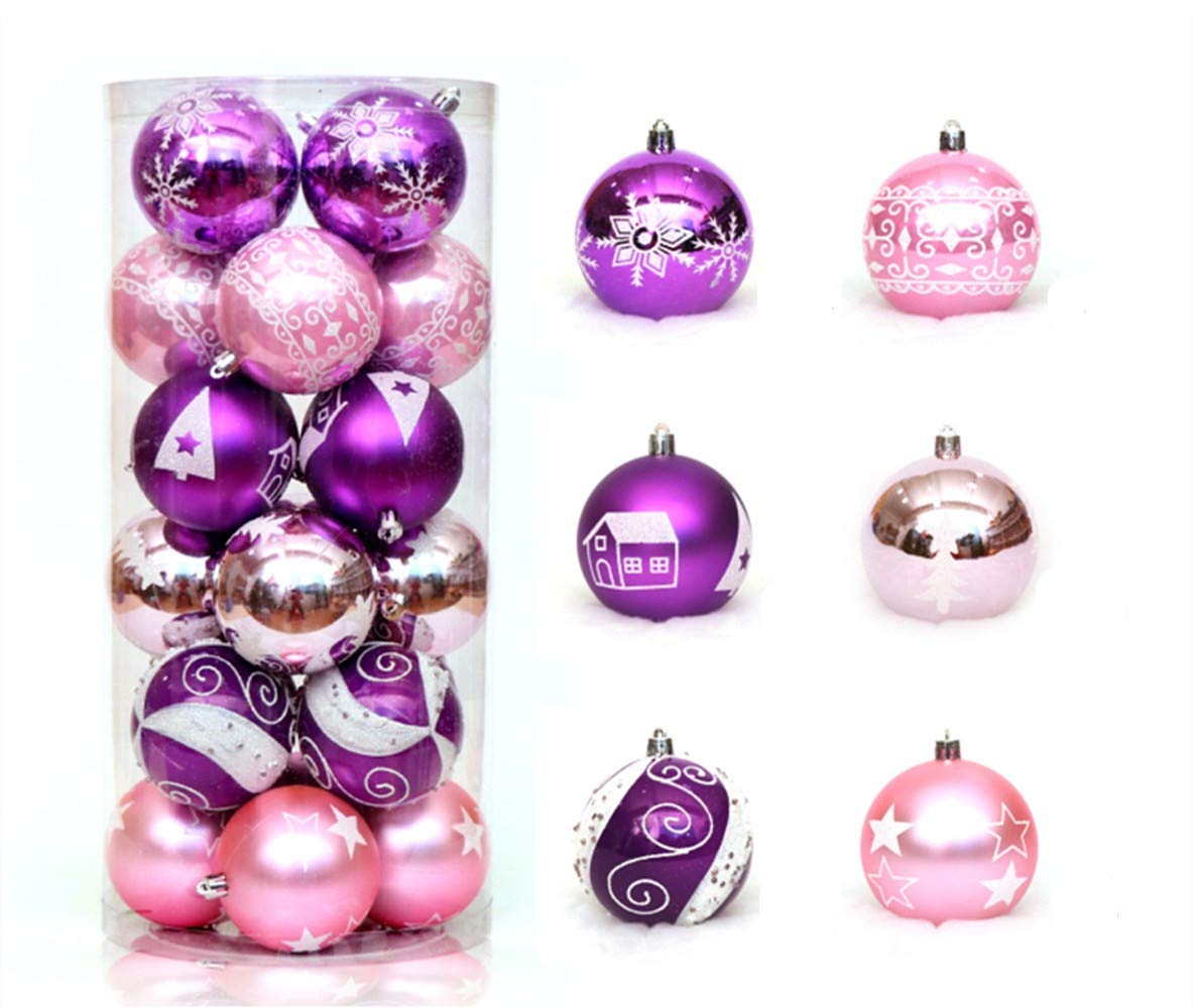KiKom Christmas Ball Ornaments 24ct 2.36" Shatterproof Painted Hanging Balls Christmas Tree Decoration Set For Holiday Wedding Christmas Decor 6cm (Pink purple)